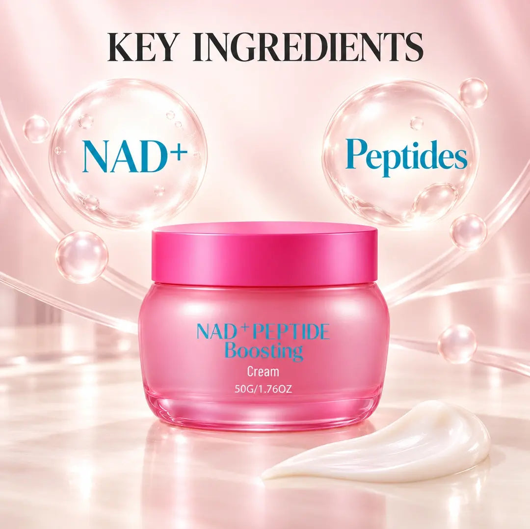 Pink NAD+ Peptide Boosting Cream jar beside a white cream swatch, with NAD+ and peptides highlighted in decorative transparent spheres.