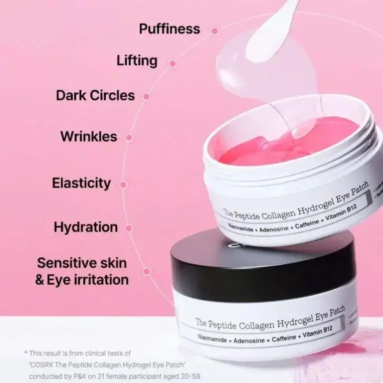 Peptide eye patches in containers highlighting benefits like hydration, lifting, and reducing puffiness and dark circles.