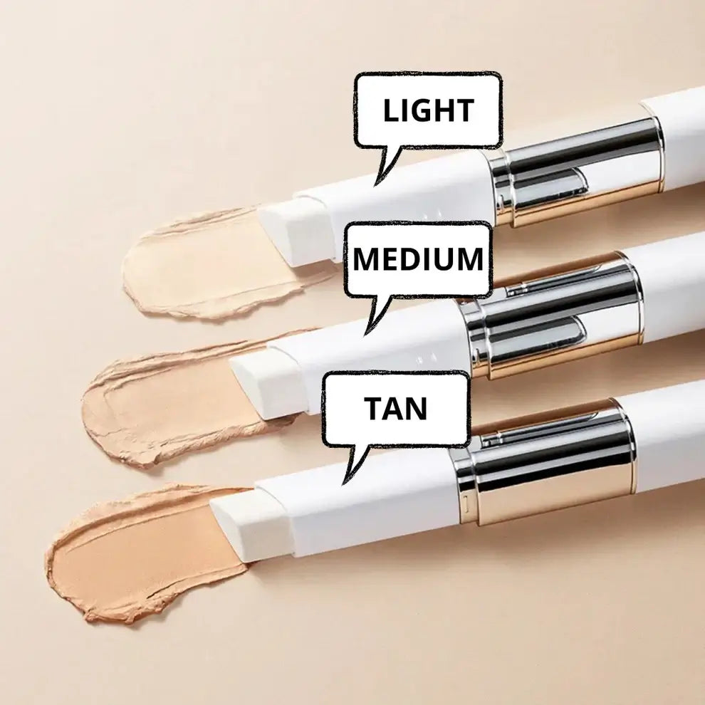 SkinMatch foundation stick in shades Light, Medium, and Tan displayed on a beige background.