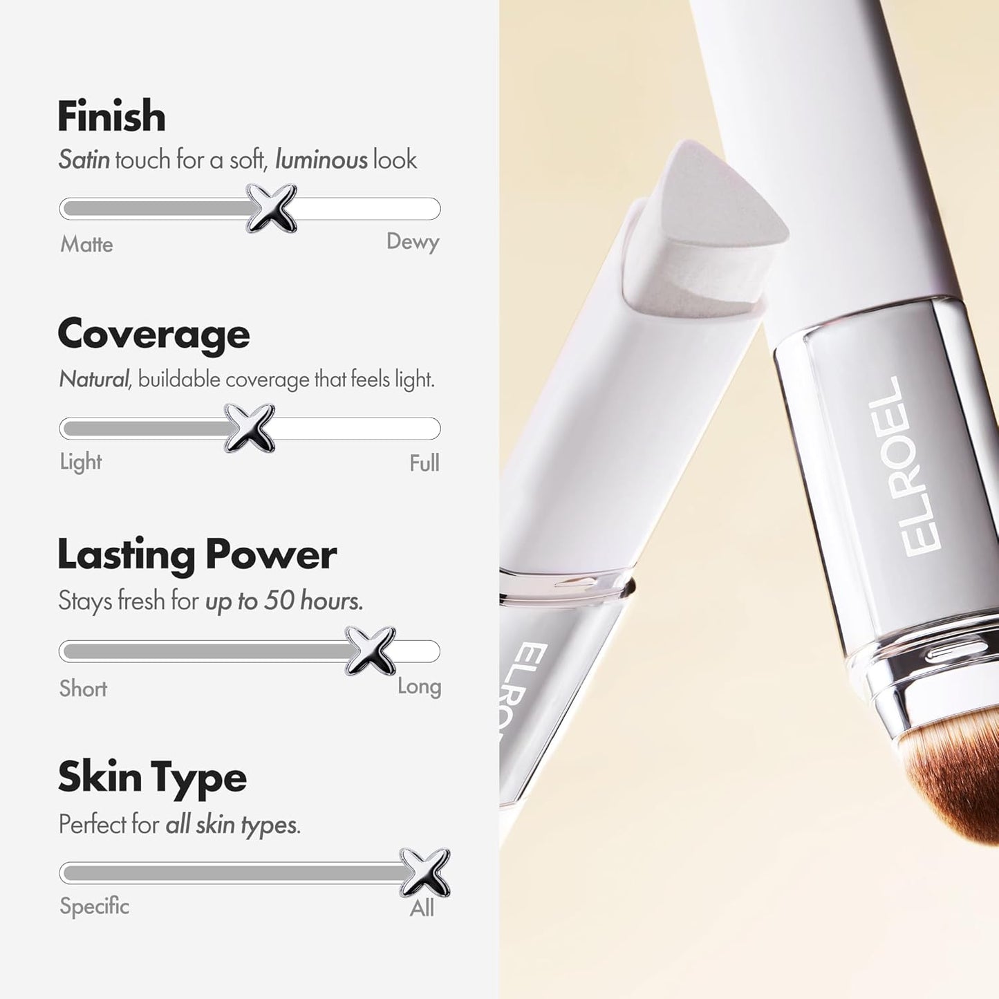 SkinMatch™ Foundation Stick features satin finish, natural coverage, lasting power up to 50 hours, suitable for all skin types.