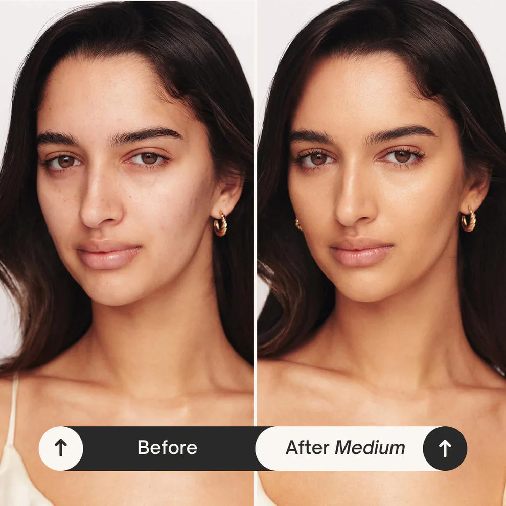 Before and after comparison showing SkinMatch™ Foundation Stick results on skin, highlighting medium coverage.