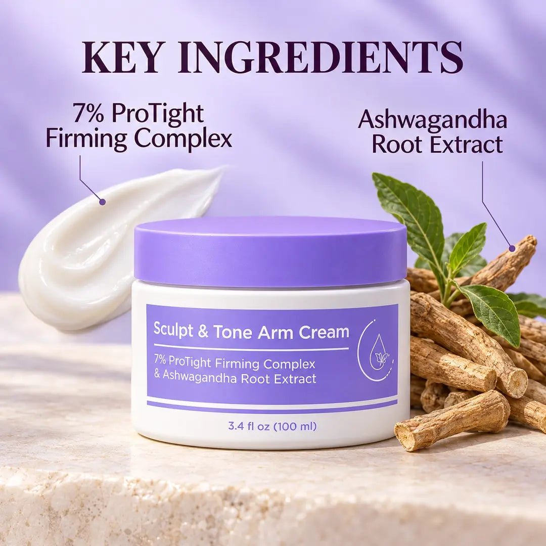 Sculpt & Tone Arm Cream jar beside a white cream swatch and ashwagandha roots, highlighting 7% ProTight Firming Complex and Ashwagandha Root Extract.