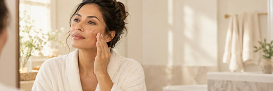 Woman applying serum to her cheek with visible dark spots while looking in a bathroom mirror.