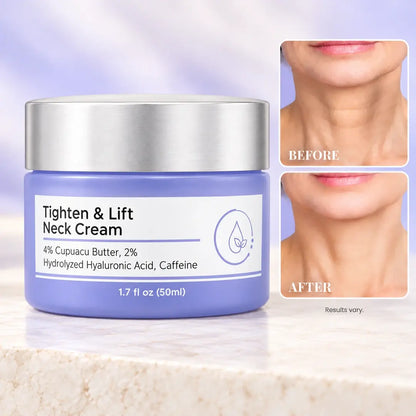 Lavender neck cream jar with a silver lid beside before-and-after images comparing the appearance of neck lines.