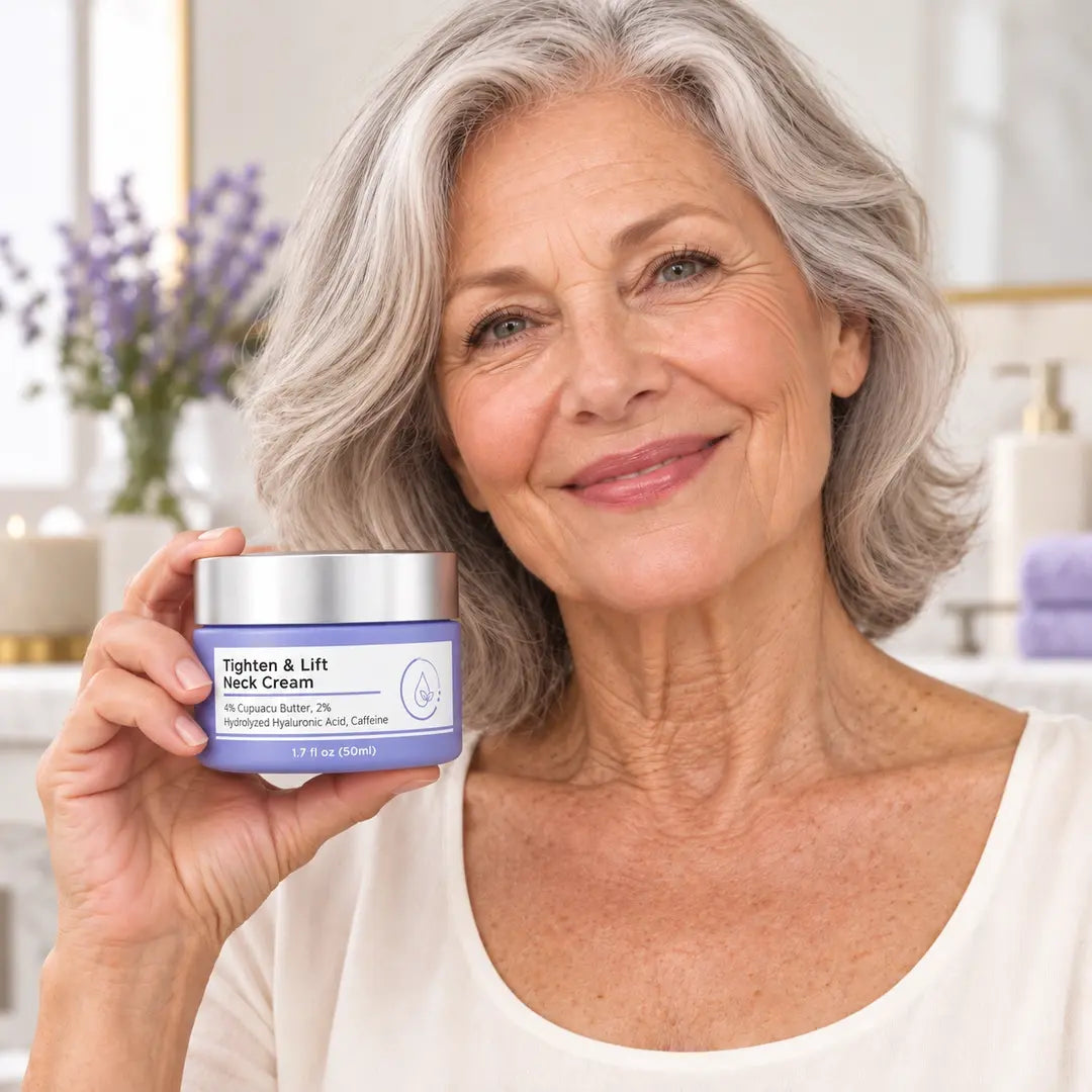 Smiling older woman with silver hair and visible neck wrinkles holding a lavender neck cream jar with a silver lid.