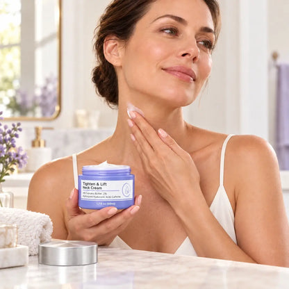 Woman gently applying cream to her neck while holding an open lavender neck cream jar, with its silver lid on the vanity.