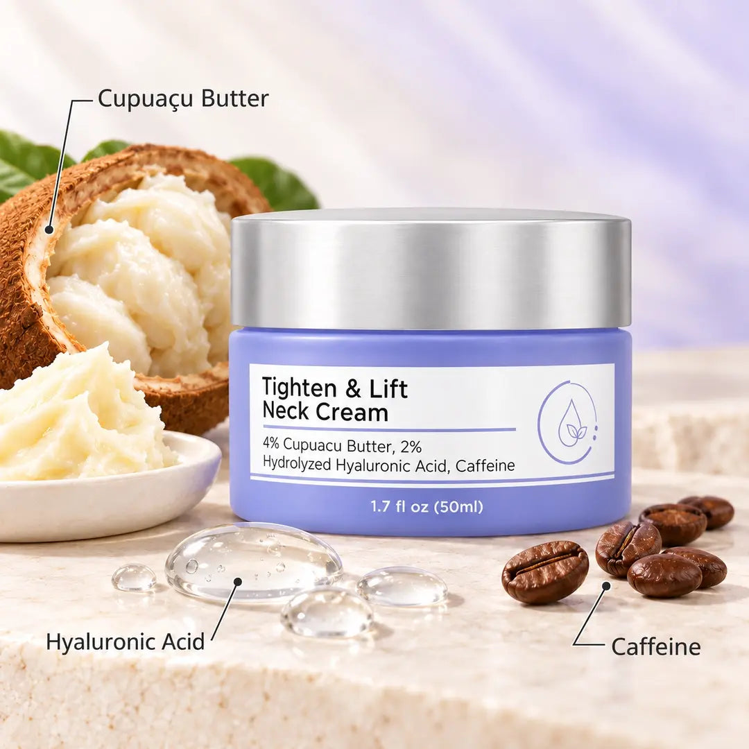 Lavender neck cream jar with a silver lid surrounded by cupuaçu butter, clear gel droplets and coffee beans, labelled Cupuaçu Butter, Hyaluronic Acid and Caffeine.