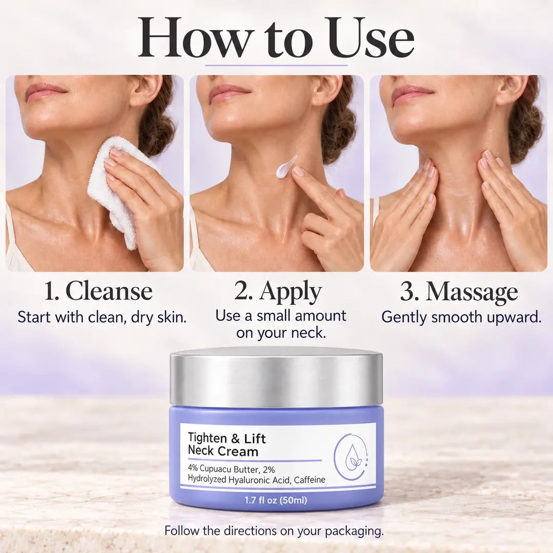 Three-step neck cream application guide: cleanse and dry the skin, apply a small amount, and gently massage upward, with a lavender cream jar below.