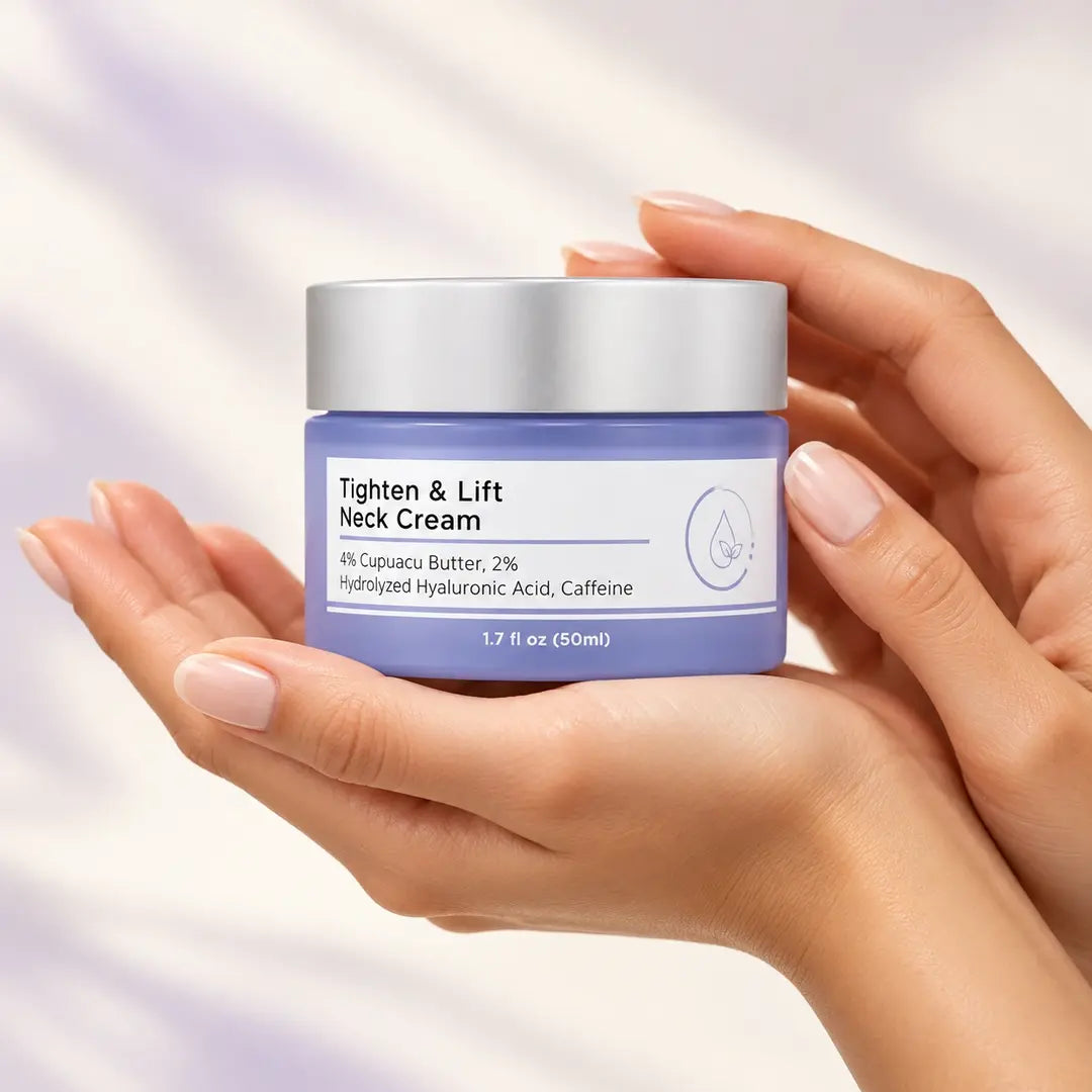 Hands with nude nails holding a lavender neck cream jar with a silver lid against a soft ivory background.