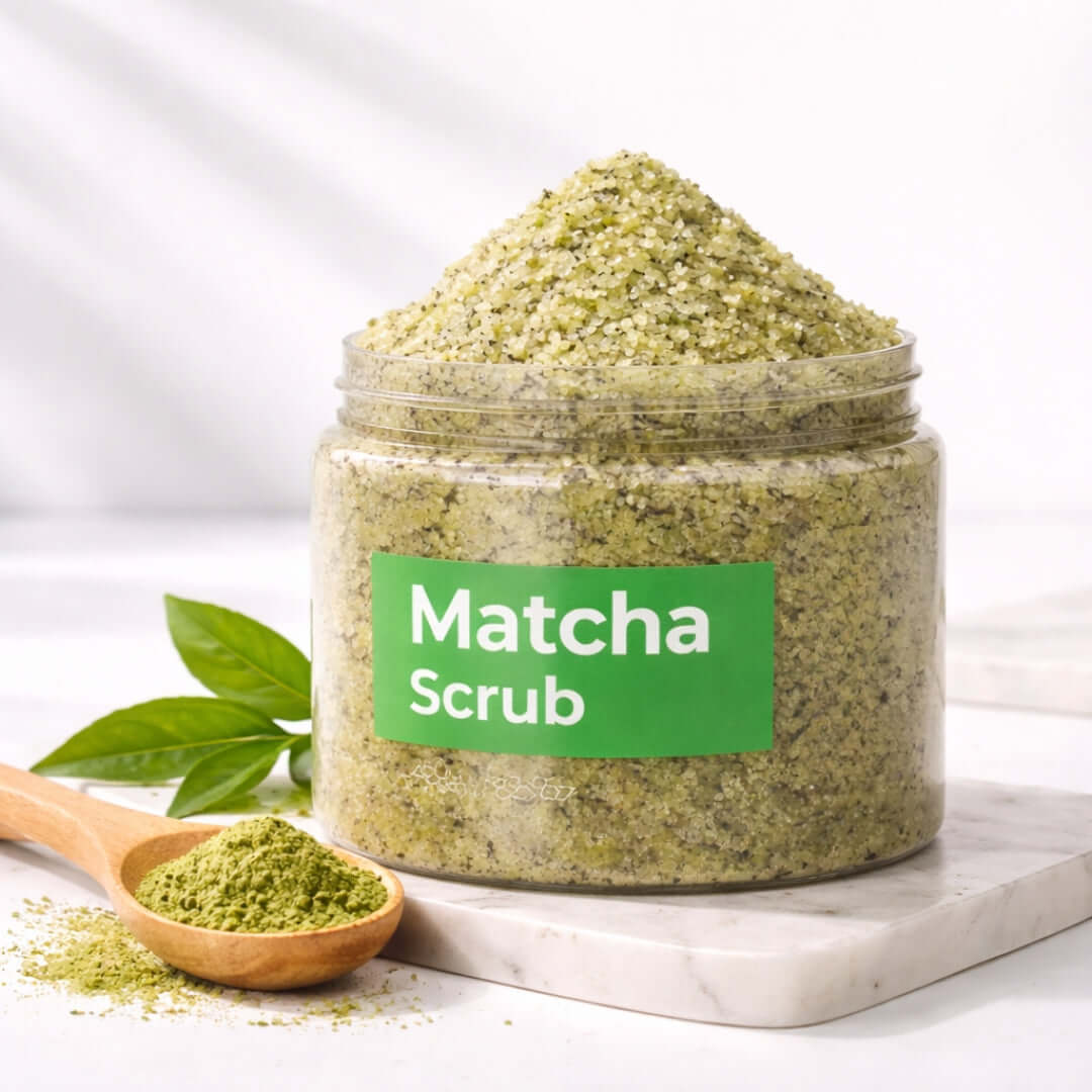 Belenora Matcha Body Scrub jar with green scrub, showcasing natural ingredients for smooth skin.