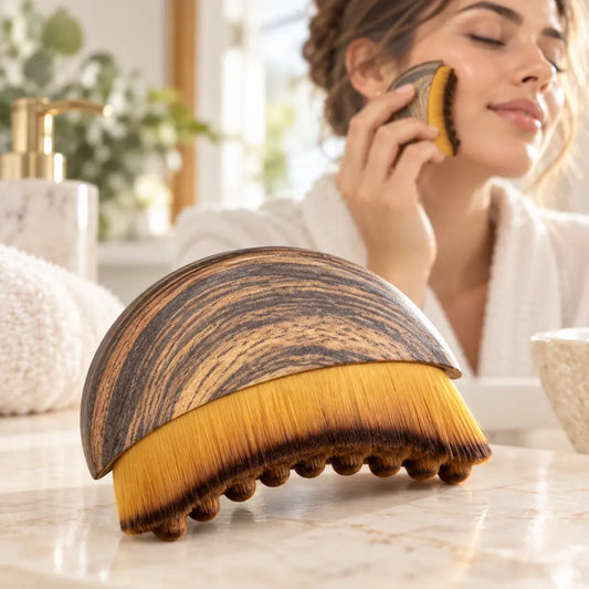 Crescent-shaped wooden facial lymphatic drainage brush with golden bristles on a bathroom counter, with a woman using it on her cheek in the background.