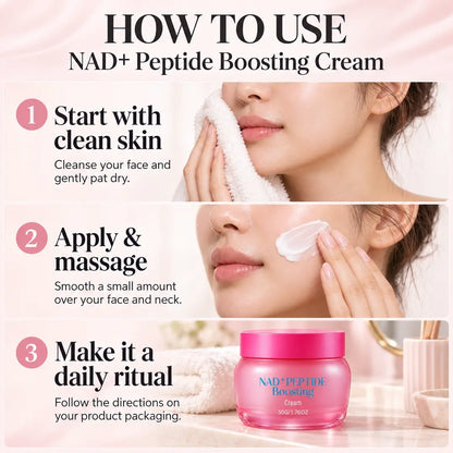Three-step guide for NAD+ Peptide Boosting Cream: cleanse and pat skin dry, massage a small amount onto face and neck, and follow the product packaging directions.
