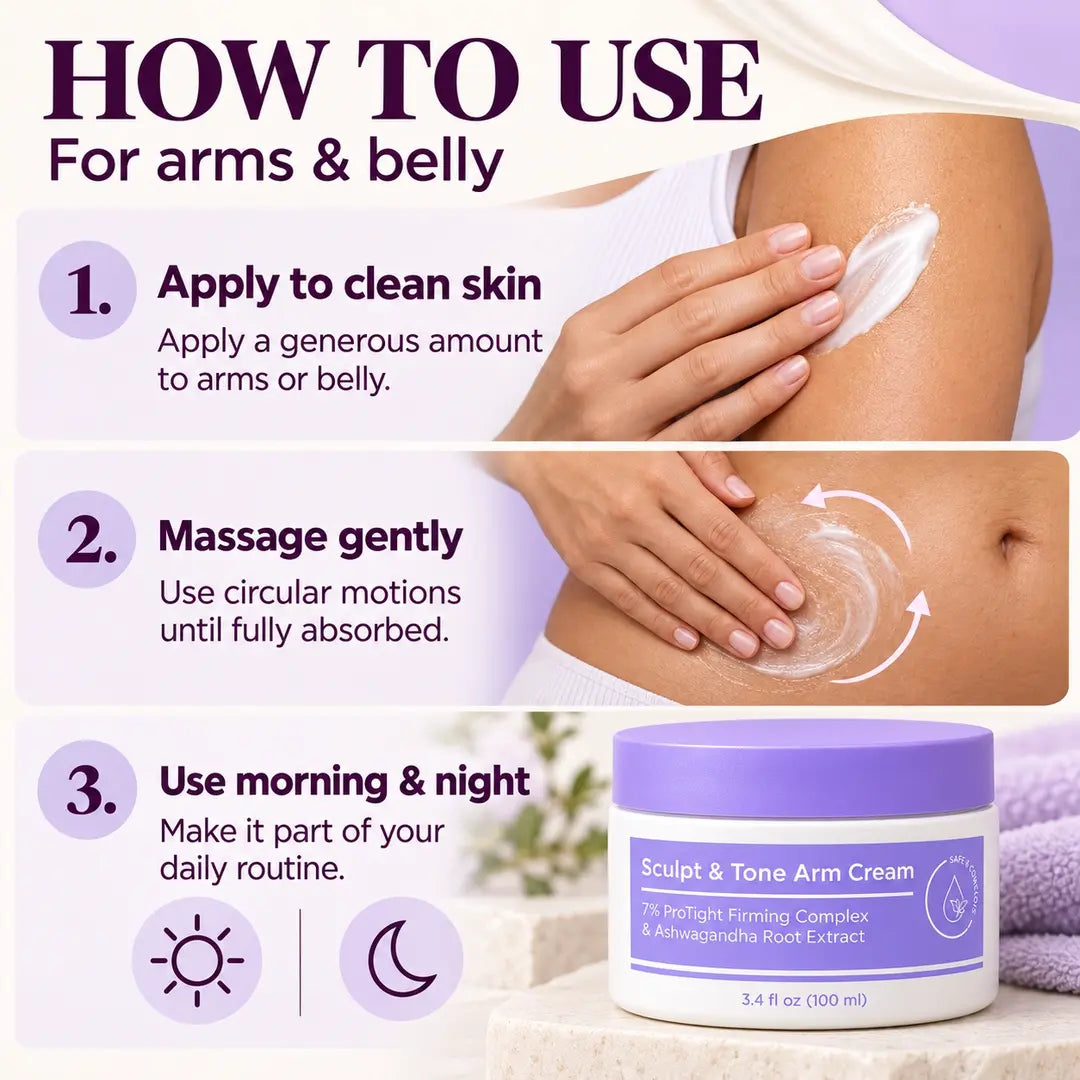 Three-step guide for Sculpt & Tone Arm Cream: apply to clean arms or belly, massage in circular motions until absorbed, and use morning and night.