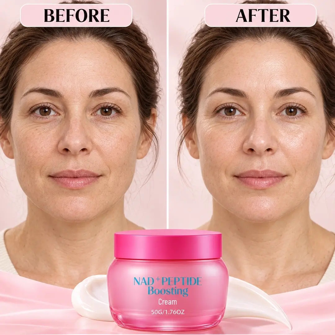 Side-by-side facial  showing a subtle change in skin glow, with a pink NAD+ Peptide Boosting Cream jar below. 