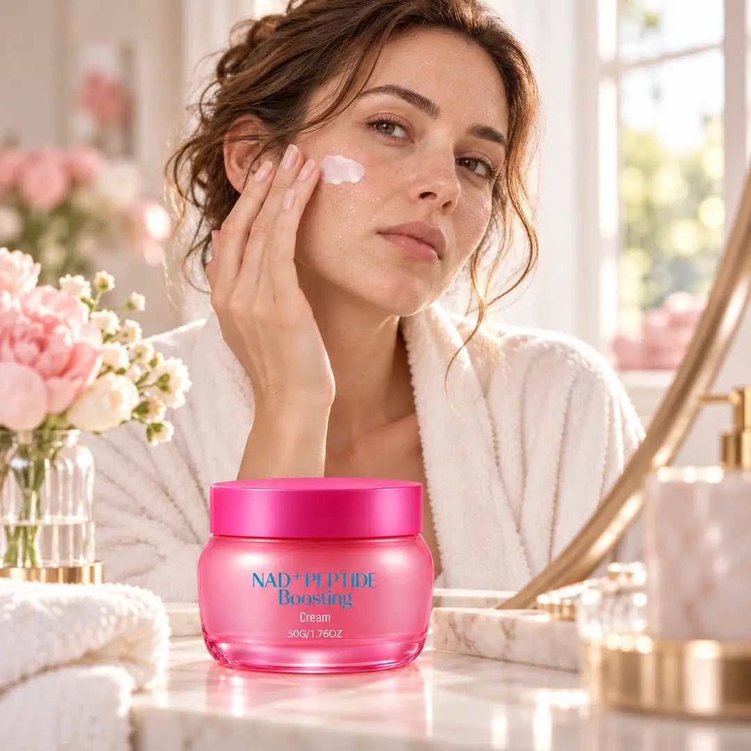 Woman touching her visibly dry, flaky cheek beside a pink jar of NAD+ Peptide Boosting Face Cream.