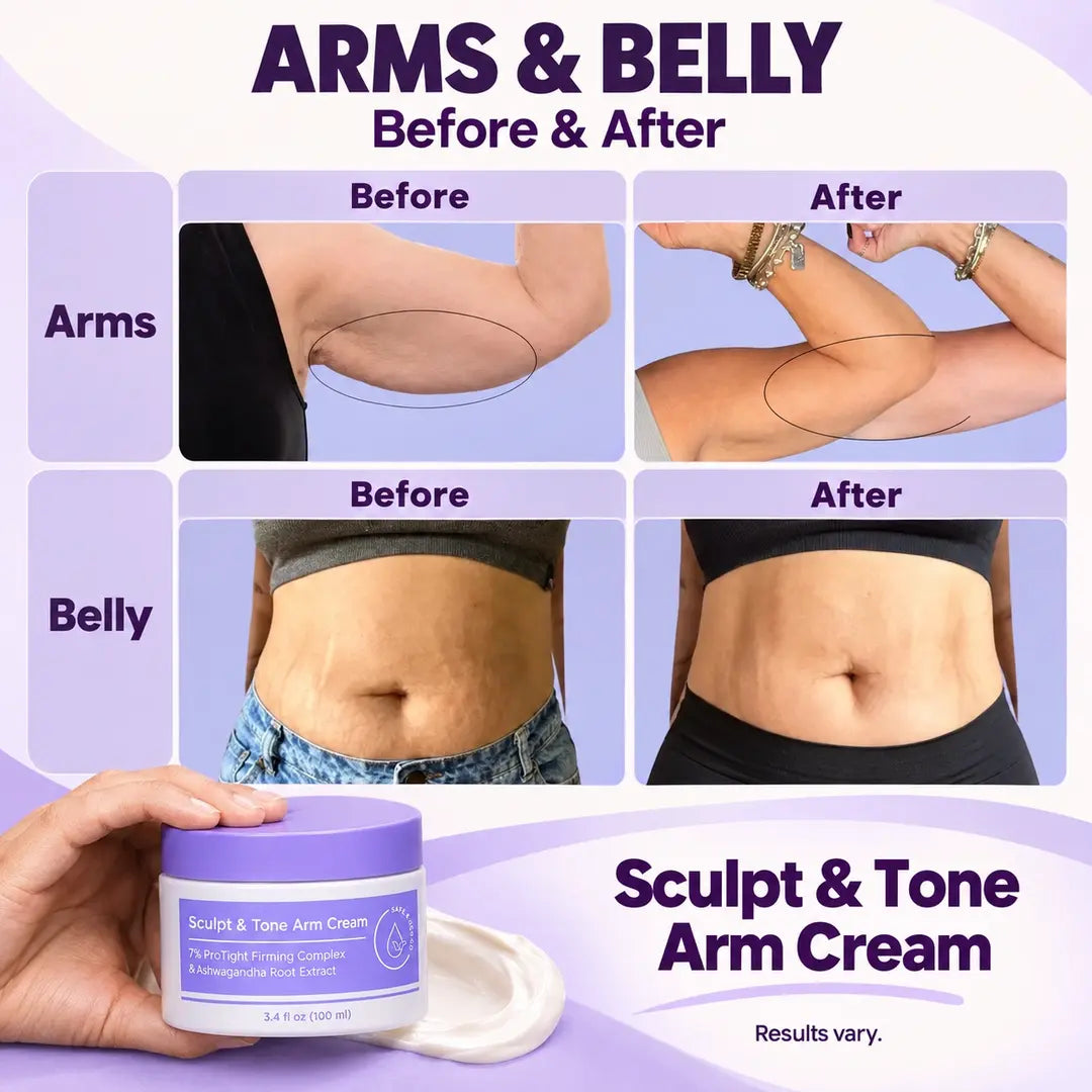Before-and-after collage of upper arms and belly, with a Sculpt & Tone Arm Cream jar below and a “Results vary” note.