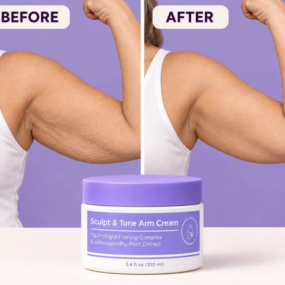 Side-by-side of upper-arm skin appearing smoother, with a Sculpt & Tone Arm Cream jar below. 
