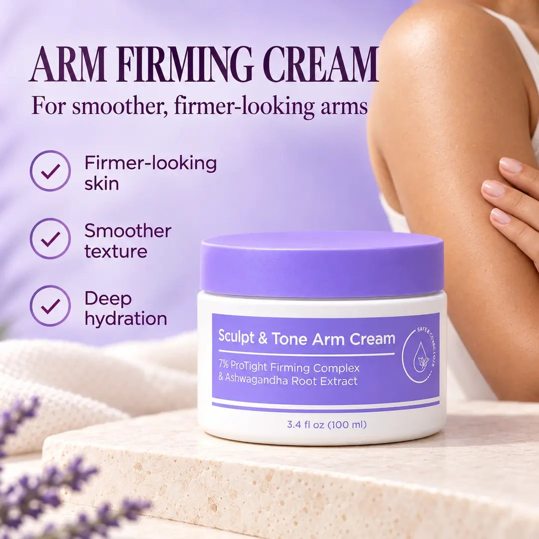 Sculpt & Tone Arm Cream in a white jar with a lavender lid beside a woman’s upper arm, highlighting firmer-looking skin, smoother texture, and deep hydration.