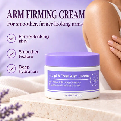 Sculpt & Tone Arm Cream in a white jar with a lavender lid beside a woman’s upper arm, highlighting firmer-looking skin, smoother texture, and deep hydration.