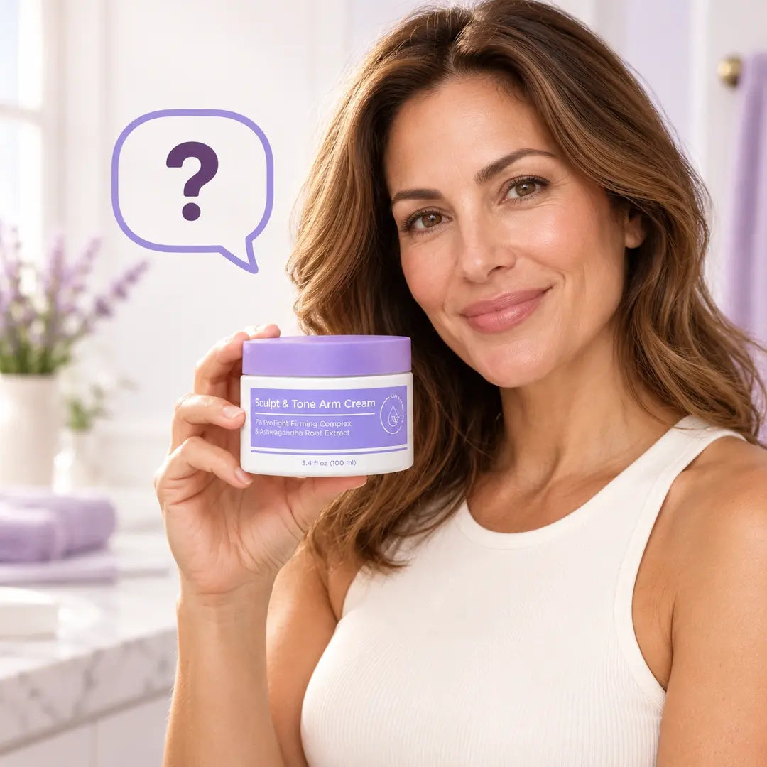 Smiling woman holding a Sculpt & Tone Arm Cream jar beside a lavender question-mark speech bubble in a bright bathroom.