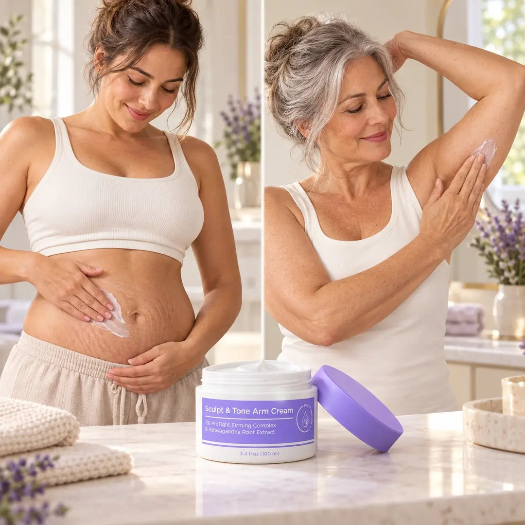 Two women applying cream to a postpartum belly with stretch marks and an upper arm, with an open Sculpt & Tone Arm Cream jar and lavender lid in the foreground.