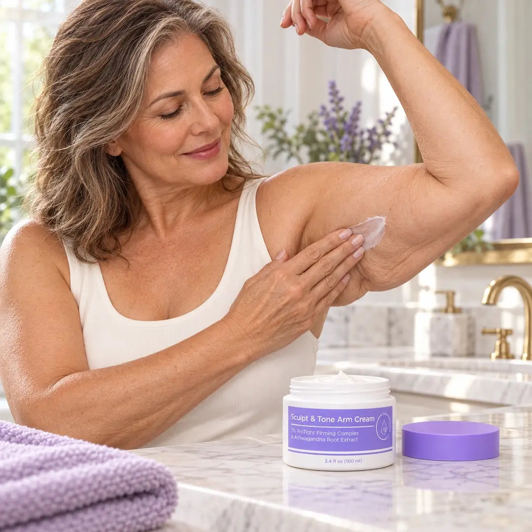 Woman massaging cream onto loose skin on her upper arm, with an open Sculpt & Tone Arm Cream jar and lavender lid on the bathroom counter.
