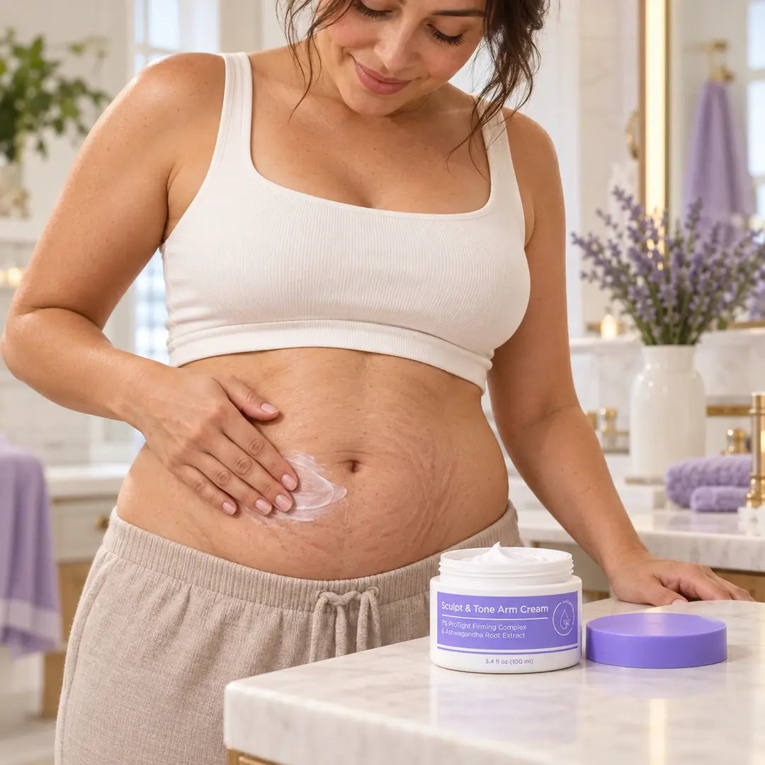 Woman massaging cream onto her postpartum belly with visible stretch marks, beside an open Sculpt & Tone Arm Cream jar and lavender lid.