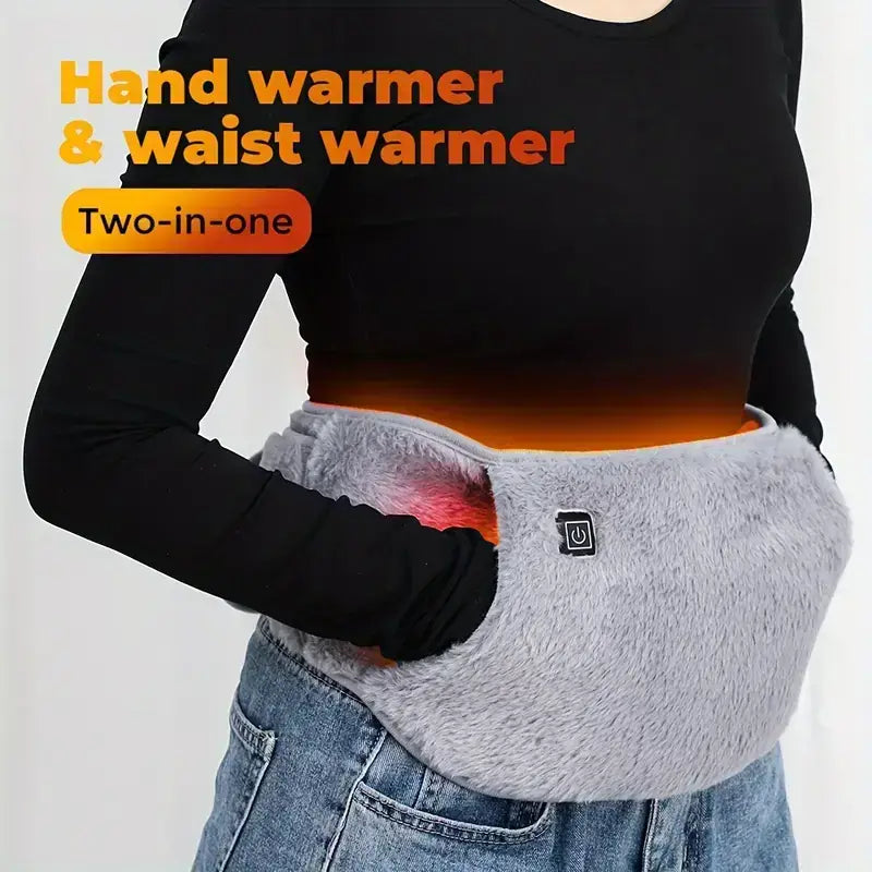 Stomach Heating Belt – ThermaBelly™ shown worn as a hand and waist warmer, providing soothing warmth and comfort.