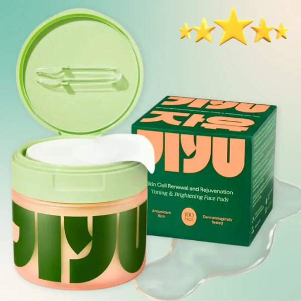 Snail repair skincare pads in a green container with a lid for brightening and rejuvenating skin.